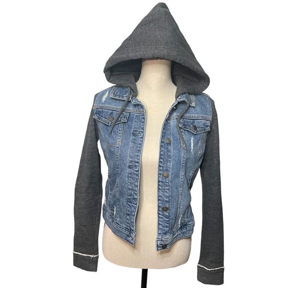 Hollister Blue Grey Distressed Hooded Denim Jean Jacket Size S Small - Picture 6 of 14